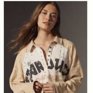 Pilcro Cream and Beige Long Sleeve Polo with Chest Graphic